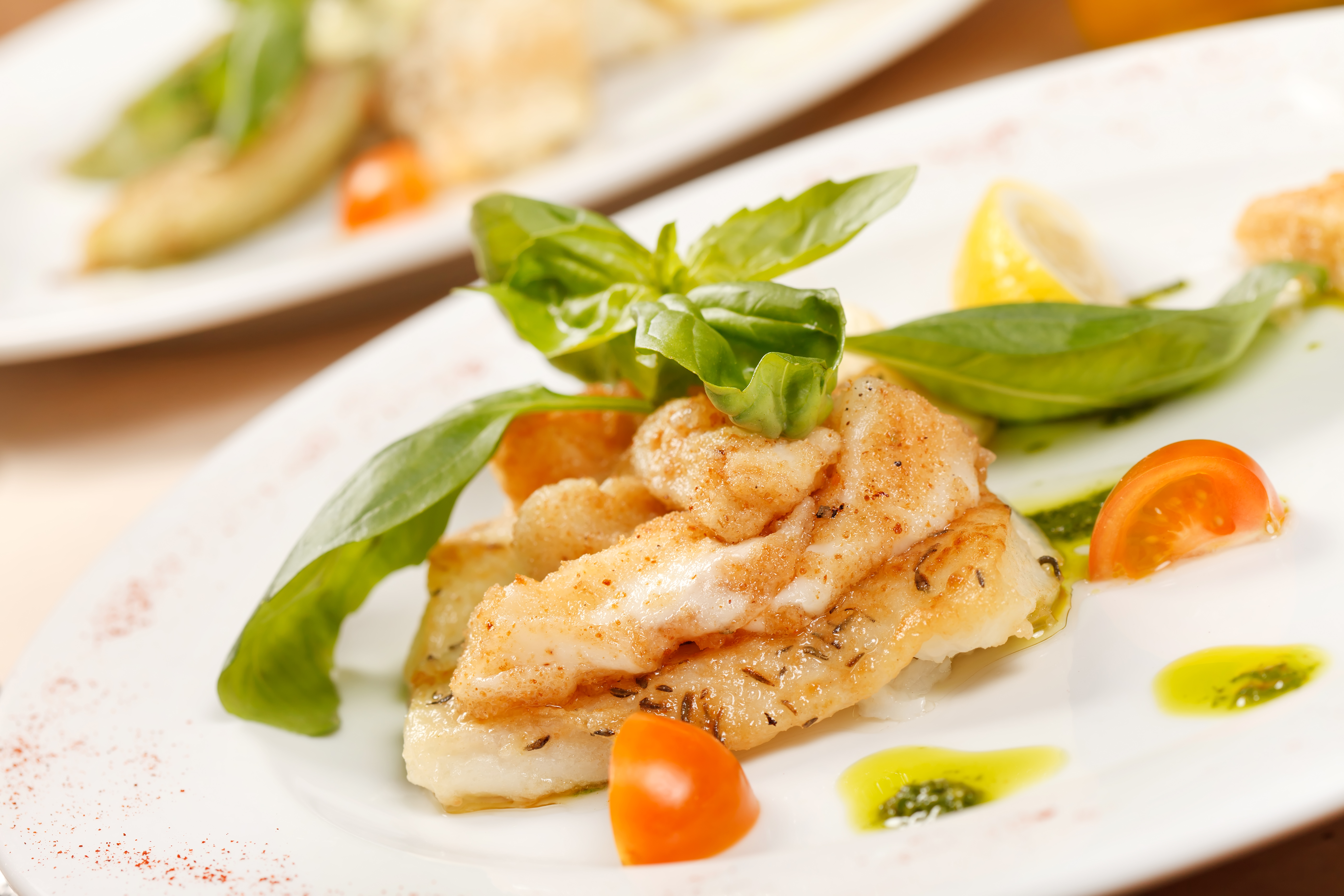 Poisson à la purée de roquette sur carpaccio de tomates